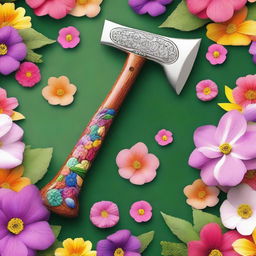 A beautifully crafted axe made entirely out of vibrant flowers