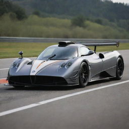 Pagani cars transmuted into high-performance Formula 1 racing cars, incorporating superior aerodynamics, a streamlined design, and the striking Pagani branding.