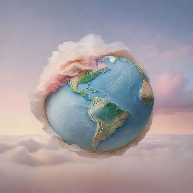 A breathtaking artwork depicting a three-dimensional Earth blossoming from the flat surface of a parchment under a sweeping, pastel-colored sky.