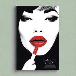 A black book cover that features half a face of a woman applying lipstick