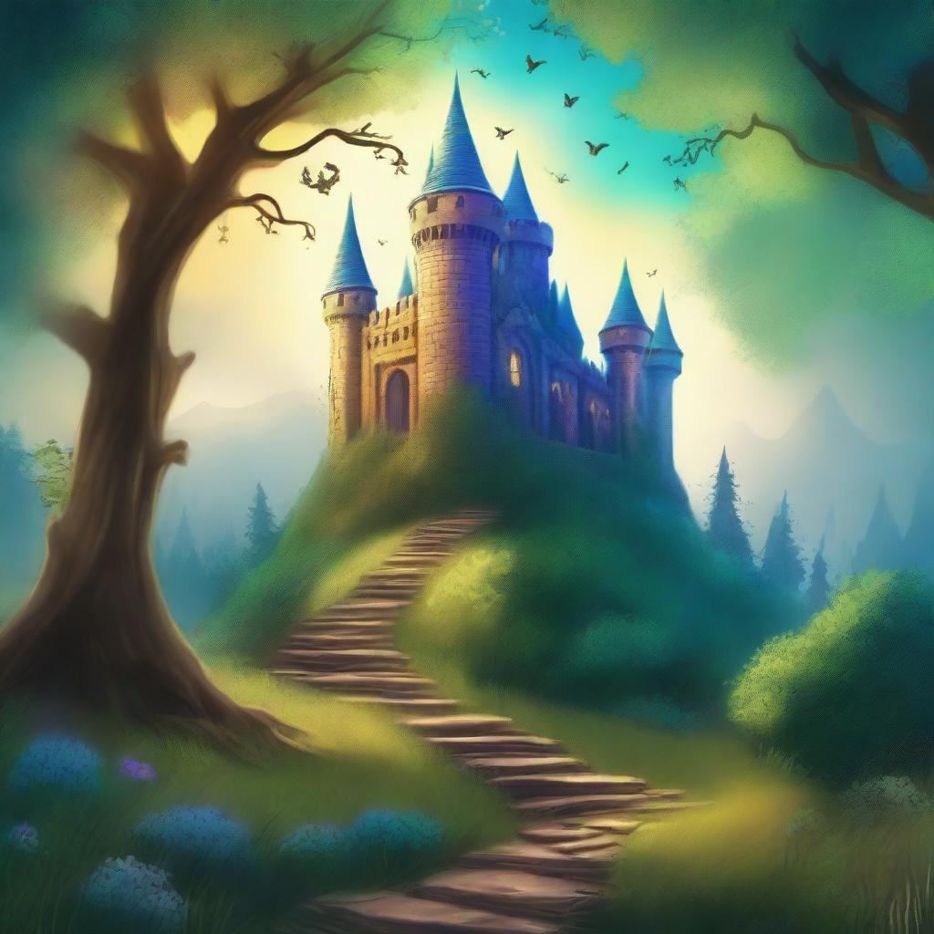 Create a captivating book cover featuring an enchanted forest with a mysterious pathway leading to an ancient castle in the background