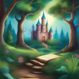 Create a captivating book cover featuring an enchanted forest with a mysterious pathway leading to an ancient castle in the background