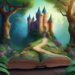 Create a captivating book cover featuring an enchanted forest with a mysterious pathway leading to an ancient castle in the background