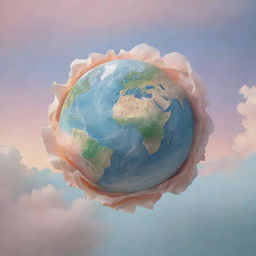 A breathtaking artwork depicting a three-dimensional Earth blossoming from the flat surface of a parchment under a sweeping, pastel-colored sky.