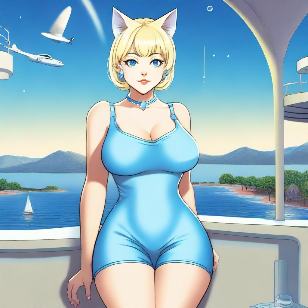 A beautiful 50-year-old woman with fair skin, large hips, 38DD large breasts, short straight blonde hair, and blue cat-like eyes