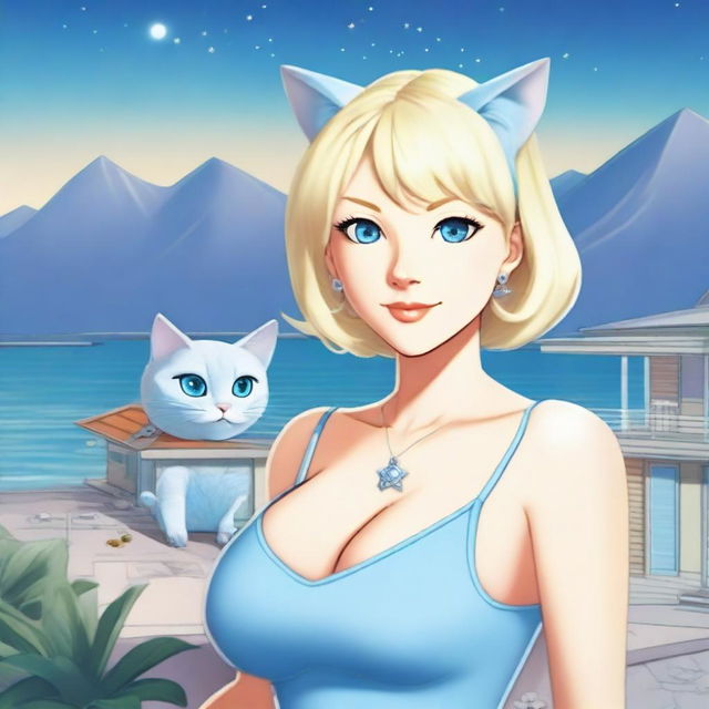 A beautiful 50-year-old woman with fair skin, large hips, 38DD large breasts, short straight blonde hair, and blue cat-like eyes