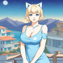 A beautiful 50-year-old woman with fair skin, large hips, 38DD large breasts, short straight blonde hair, and blue cat-like eyes