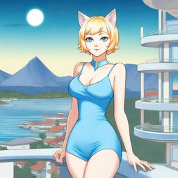 A beautiful 50-year-old woman with fair skin, large hips, 38DD large breasts, short straight blonde hair, and blue cat-like eyes