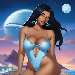 A beautiful 25-year-old woman with brown skin, large 38DD breasts, long straight black hair, and black eyes with Latin features