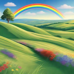 A beautiful landscape with rolling hills, a clear blue sky, and a vibrant rainbow stretching across the horizon