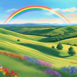 A beautiful landscape with rolling hills, a clear blue sky, and a vibrant rainbow stretching across the horizon