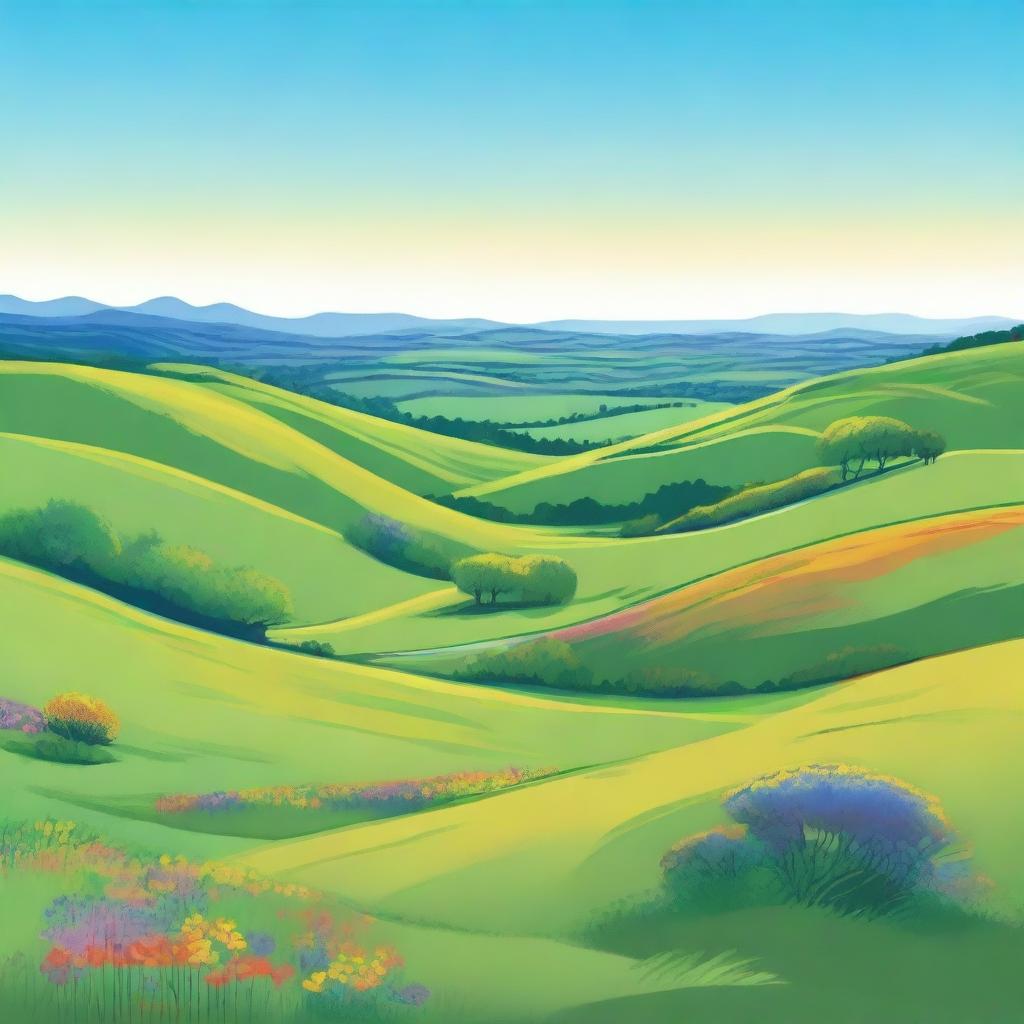 A beautiful landscape with rolling hills, a clear blue sky, and a vibrant rainbow stretching across the horizon