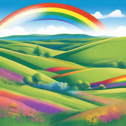 A beautiful landscape with rolling hills, a clear blue sky, and a vibrant rainbow stretching across the horizon