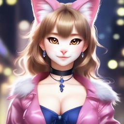 A realistic depiction of a beautiful cat girl (neko) with charming features and a captivating appearance