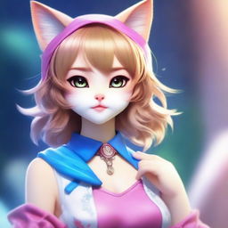 A realistic depiction of a beautiful cat girl (neko) with charming features and a captivating appearance