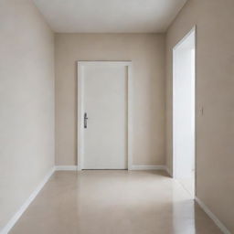 A minimalistic room with a clean, polished beige floor complemented by a sleek white door