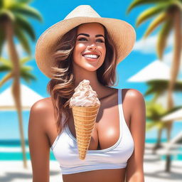 A realistic image of Devin Brugman enjoying an ice cream cone on a sunny day