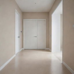 A minimalistic room with a clean, polished beige floor complemented by a sleek white door