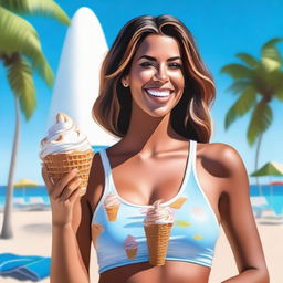 A realistic image of Devin Brugman enjoying an ice cream cone on a sunny day