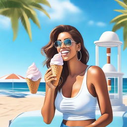 A realistic image of Devin Brugman enjoying an ice cream cone on a sunny day