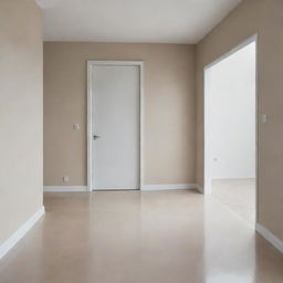 A minimalistic room with a clean, polished beige floor complemented by a sleek white door