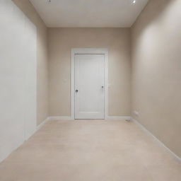 A minimalistic room with a clean, polished beige floor complemented by a sleek white door