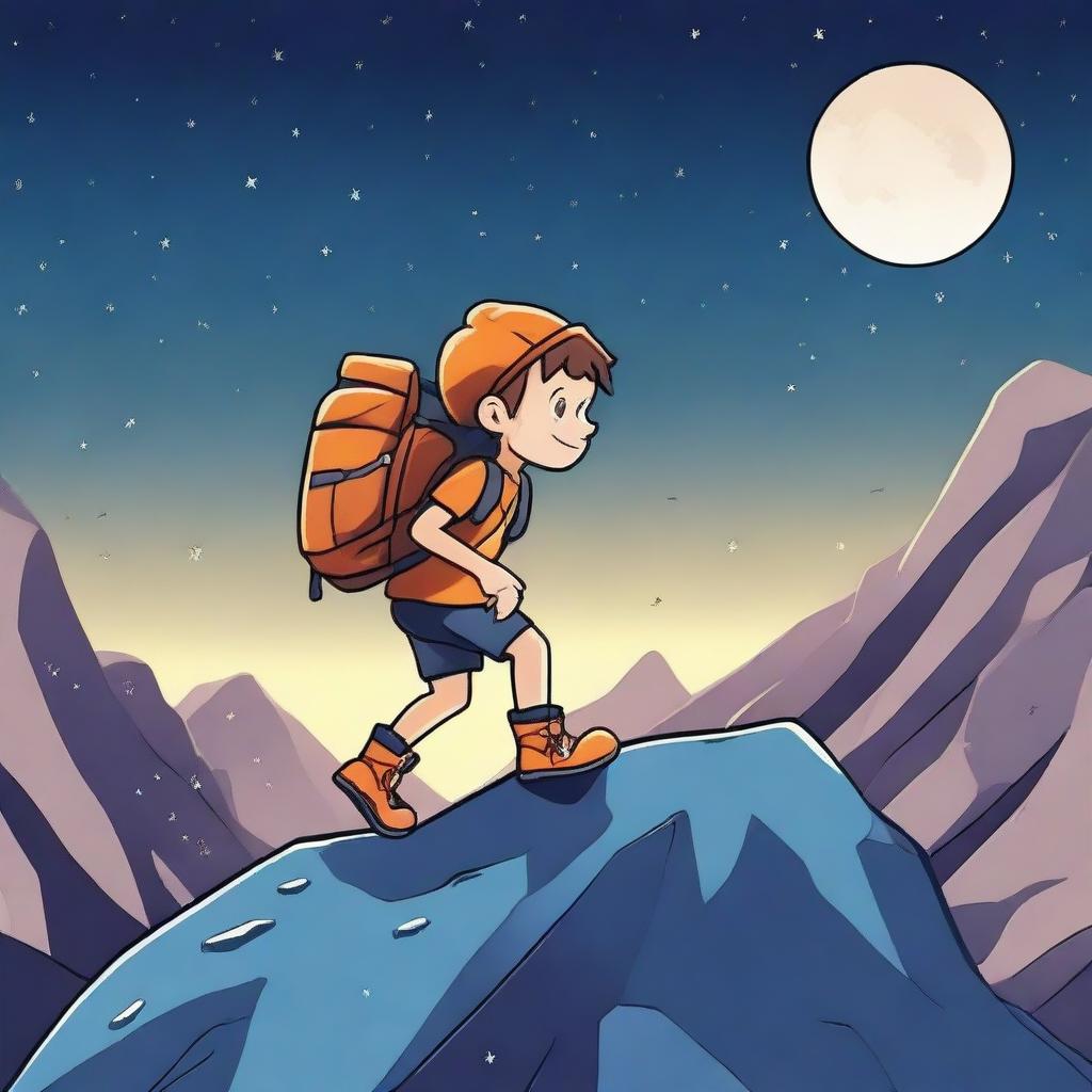 A boy in a cartoon style climbing a mountain at night