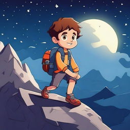 A boy in a cartoon style climbing a mountain at night