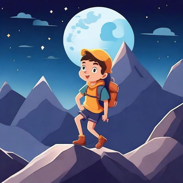 A boy in a cartoon style climbing a mountain at night