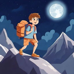 A boy in a cartoon style climbing a mountain at night