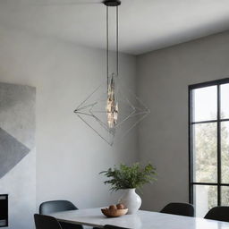 A sleek, modern chandelier, composed of abstract geometric shapes, illuminating a minimalist, contemporary room.