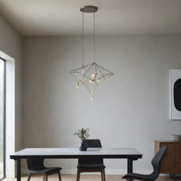 A sleek, modern chandelier, composed of abstract geometric shapes, illuminating a minimalist, contemporary room.