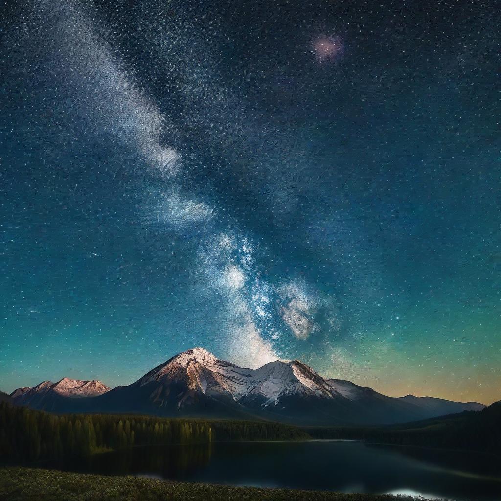 Um céu noturno repleto de estrelas brilhantes, com uma montanha imponente ao fundo