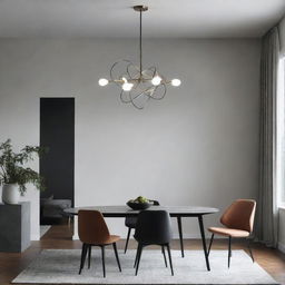 A sleek, modern chandelier, composed of abstract geometric shapes, illuminating a minimalist, contemporary room.