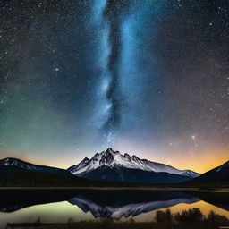 Um céu noturno repleto de estrelas brilhantes, com uma montanha imponente ao fundo