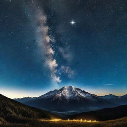 Um céu noturno repleto de estrelas brilhantes, com uma montanha imponente ao fundo