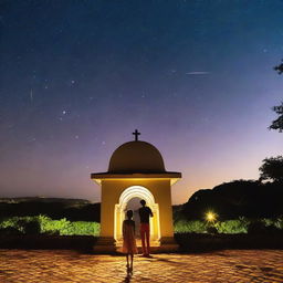 Um garoto com olhos azuis segurando uma luneta, olhando para o céu noturno