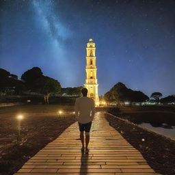 Um garoto com olhos azuis segurando uma luneta, olhando para o céu noturno