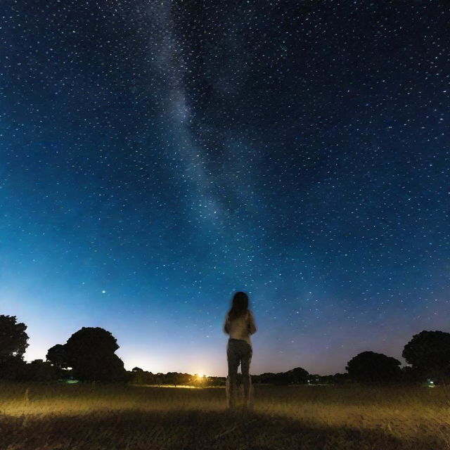 Um garoto com olhos azuis segurando uma luneta, olhando para o céu noturno