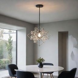 A sleek, modern chandelier, composed of abstract geometric shapes, illuminating a minimalist, contemporary room.