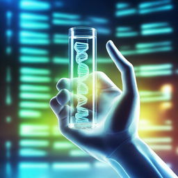 A digital hand, resembling a futuristic robot or android, holding a small glass vial containing a double helix DNA strand