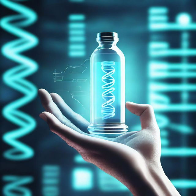 A digital hand, resembling a futuristic robot or android, holding a small glass vial containing a double helix DNA strand