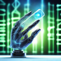 A digital hand, resembling a futuristic robot or android, holding a small glass vial containing a double helix DNA strand