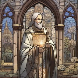 A serene and powerful cleric standing in front of an ancient cathedral, holding a glowing staff