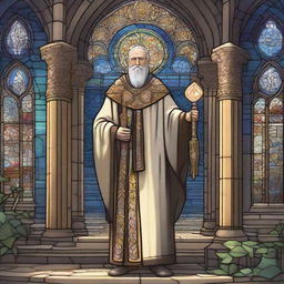 A serene and powerful cleric standing in front of an ancient cathedral, holding a glowing staff