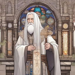 A middle-aged human cleric with long white hair and redneck features