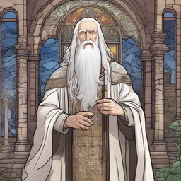 A middle-aged human cleric with long white hair and redneck features