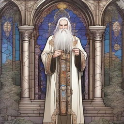 A middle-aged human cleric with long white hair and redneck features