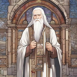 A middle-aged human cleric with long white hair and redneck features