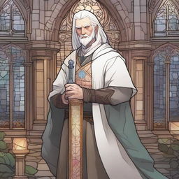 A young Dungeons & Dragons human cleric with white hair and redneck features